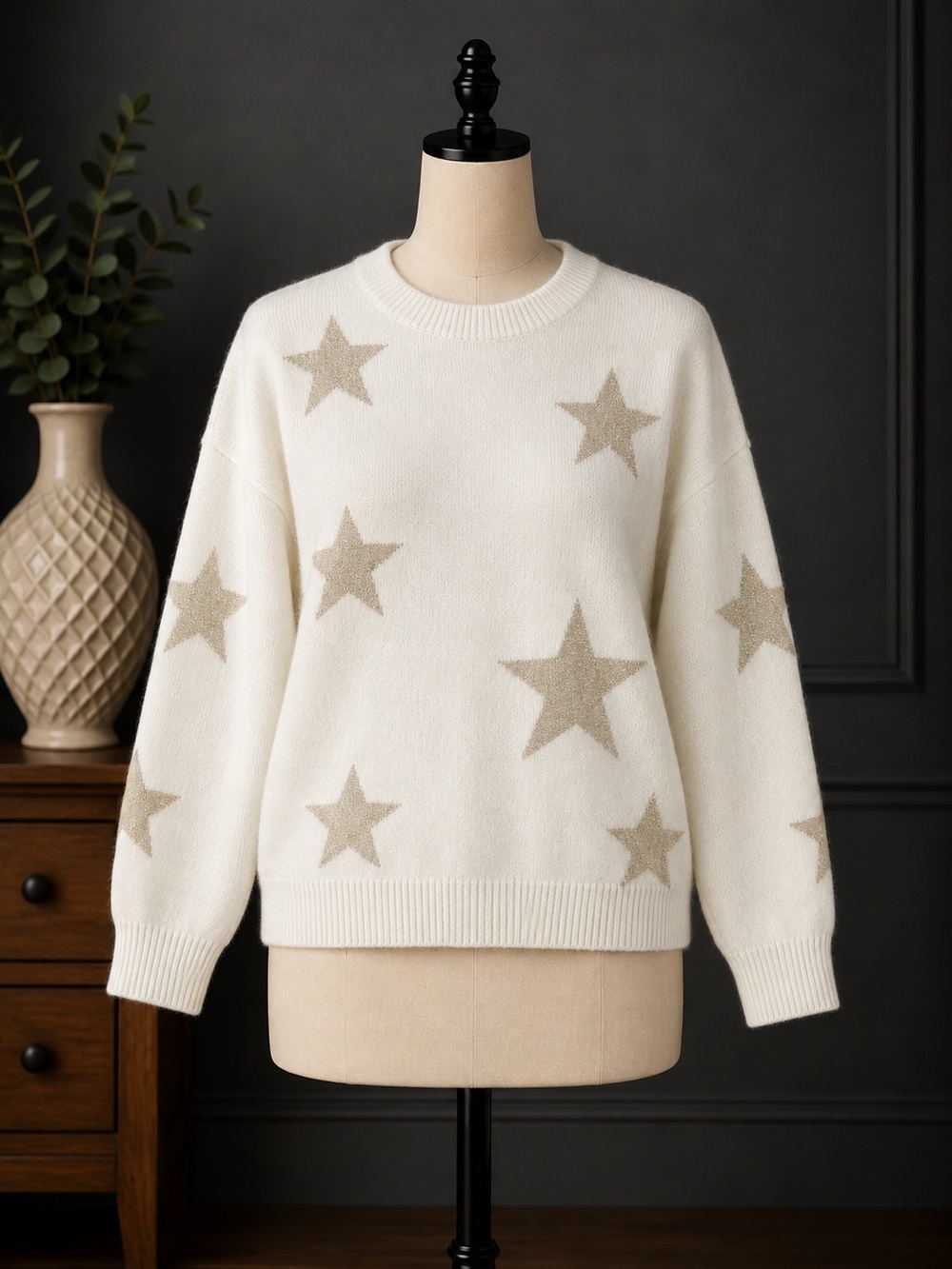 Skies Are Blue Cream Star Print Crewneck Sweater